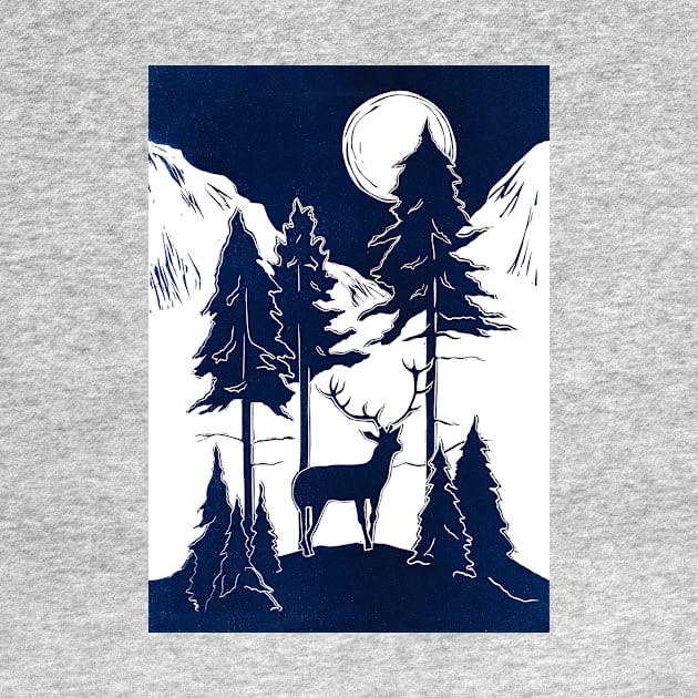 Stag in Moonlit Mountains Linocut by Maddybennettart